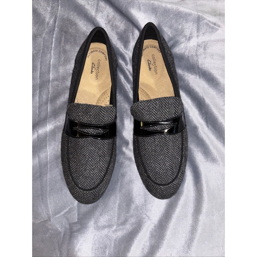 Women’s Clarks Trish Rose Penny Loafers Black And Grey Herringbone Size 9